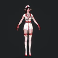Woman In White Red Nurse Uniform With Elf Ears Stockings Red Gloves And Shoes