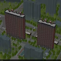 Red High Rise Residential Buildings Surrounded By Green Trees And Urban Environment