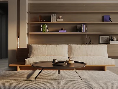 Modern Three Seater Sofa Interior With Wooden Shelves Round Coffee Table And Soft Rug 3d model