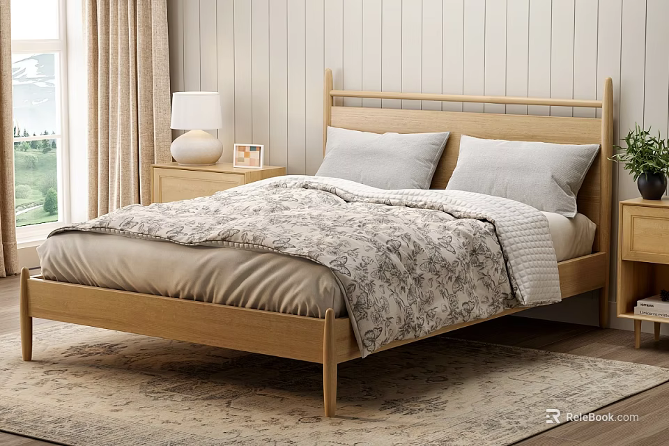 Cozy Bedroom With Wooden Bed Gray Pillows Patterned Quilt Nightstand Table Lamp Curtains And Rug 3d model 