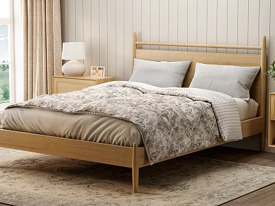 Cozy Bedroom With Wooden Bed Gray Pillows Patterned Quilt Nightstand Table Lamp Curtains And Rug 3d model