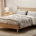 Cozy Bedroom With Wooden Bed Gray Pillows Patterned Quilt Nightstand Table Lamp Curtains And Rug