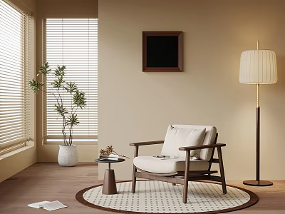 Beige Living Room Interior With Wooden Armchair Round Rug And Floor Lamp 3d model