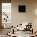 Beige Living Room Interior With Wooden Armchair Round Rug And Floor Lamp