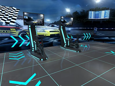 Modern Racing Simulator Setup With Screens Track Background Neon Lights And Arrow Patterns On Floor 3d model