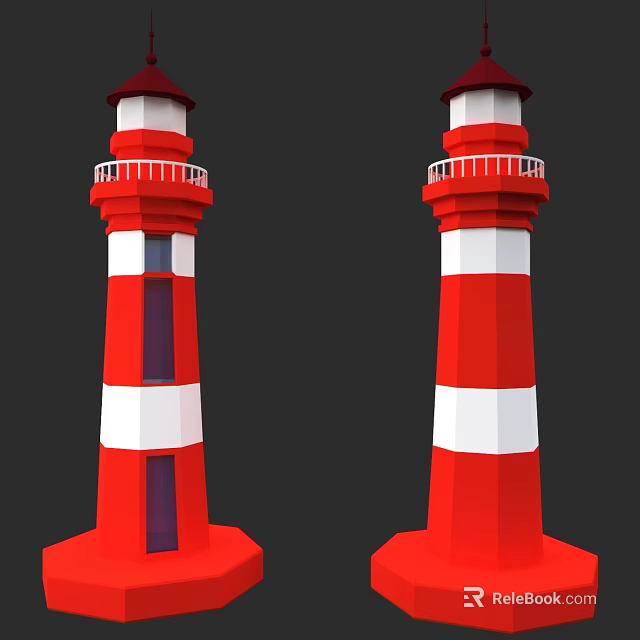 Two Red And White Lighthouse Towers With Top Lanterns And Railings 3d model 