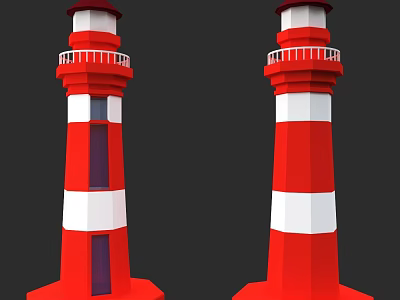 Two Red And White Lighthouse Towers With Top Lanterns And Railings 3d model