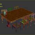 Classic Wooden Dining Table with Six Chairs Green Cushions and Silver Vases
