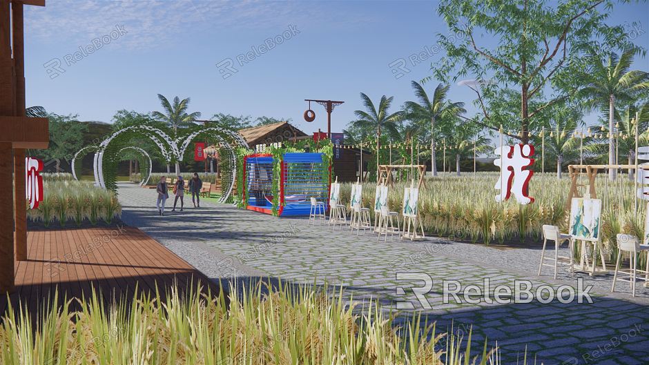 Modern Farmland Park Landscape Internet Red Card Point Country Wooden House Corridor Frame Love Theme Art Farmland Rice Field Sketch Outdoor Concert model