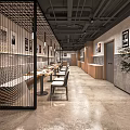 Modern Industrial Restaurant Interior With Metal Grid Partition Long Dining Tables And Framed Artworks