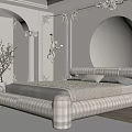 Elegant Bedroom Interior With Plaid Bed Decorative Wall Moldings Circular Design And Potted Plants