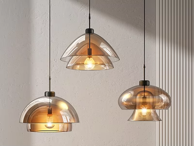 Three Transparent And Brown Glass Pendant Lights Hanging On White Wall With Light Glow 3d model