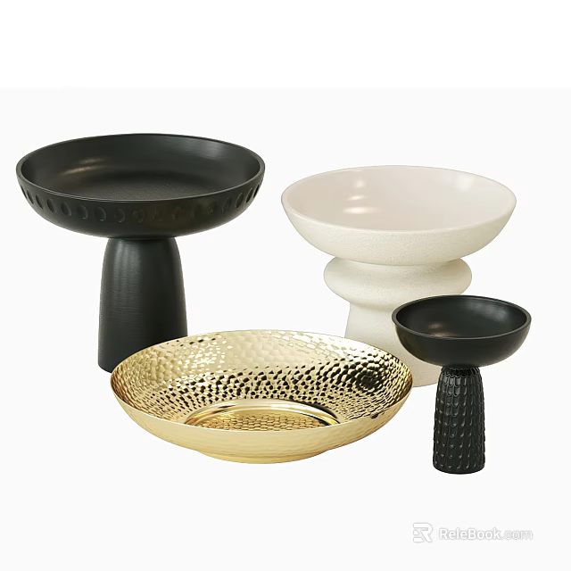 Decorative Ornament Set With Gold Hammered Black White Bowls And Textured Bases 3d model 