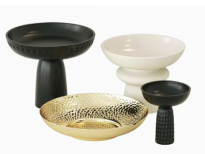 Decorative Ornament Set With Gold Hammered Black White Bowls And Textured Bases 3d model