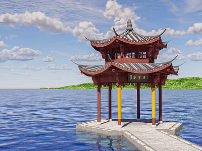 Chinese Style Pavilion On Water With Red Roof Yellow Pillars And Stone Path 3d model