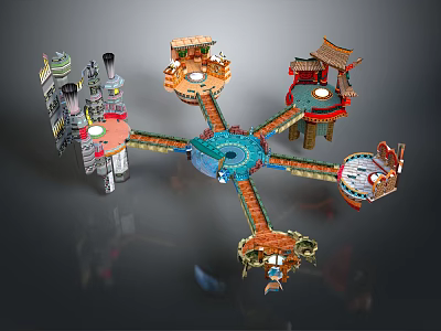 Colorful Cartoon Scene With Intricate Platform Structures And Decorative Buildings Design 3d model
