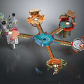 Colorful Cartoon Scene With Intricate Platform Structures And Decorative Buildings Design