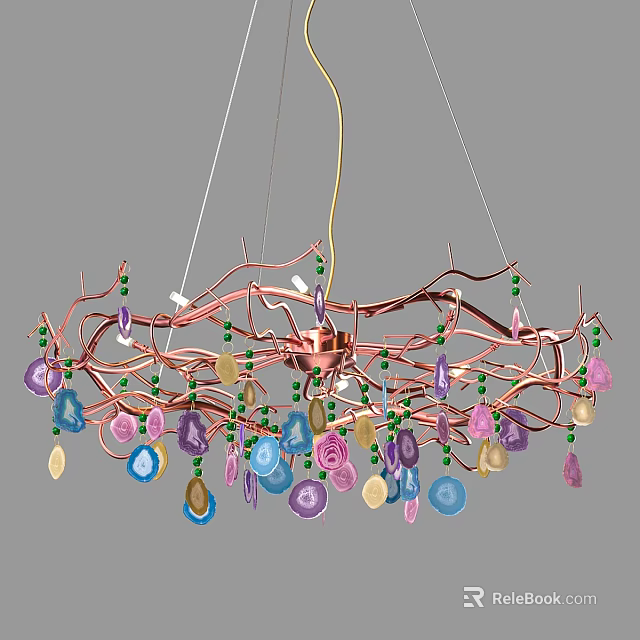 Elegant Copper Chandelier With Curved Branches Colorful Teardrop Decorations And Green Beads 3d model 