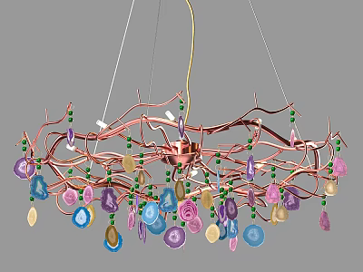 Elegant Copper Chandelier With Curved Branches Colorful Teardrop Decorations And Green Beads 3d model