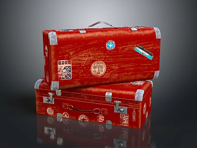 Red Wooden Textured Luggage With Silver Corners Locks and Decorative Stickers Stacked for Home Storage 3d model