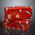 Red Wooden Textured Luggage With Silver Corners Locks and Decorative Stickers Stacked for Home Storage