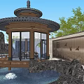 Chinese Style Outdoor Courtyard With Glass Doors Stone Wall Bird Decorations And Wooden Furniture