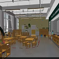 Modern Kindergarten Classroom Spacious Open Layout With Wooden Tables Chairs Bookshelves Green Plants And Windows