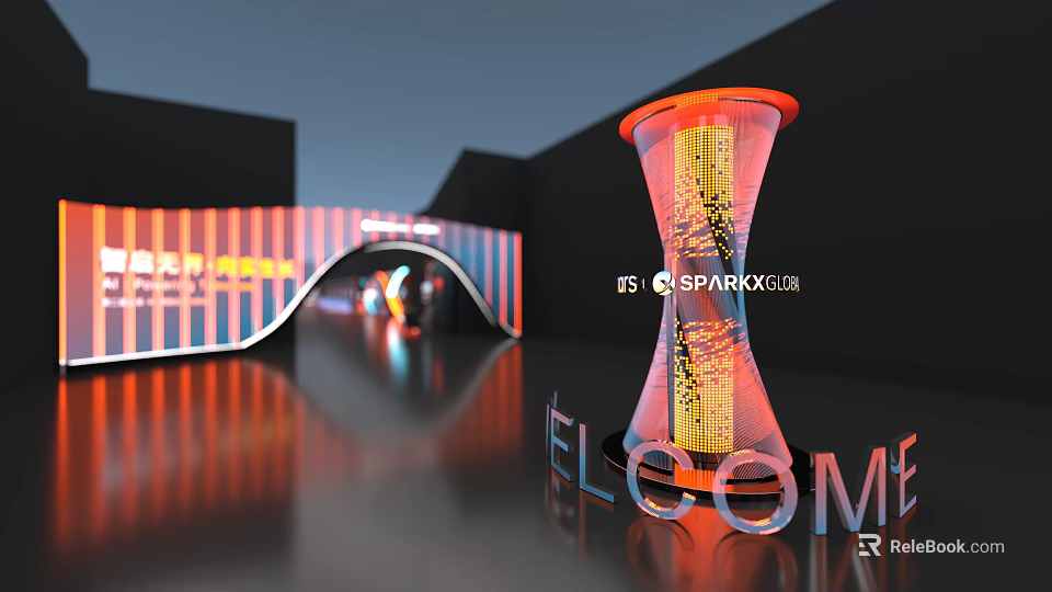 Modern Illuminated Sculpture Installation With Welcome Sign And Striped Building Background 3d model 