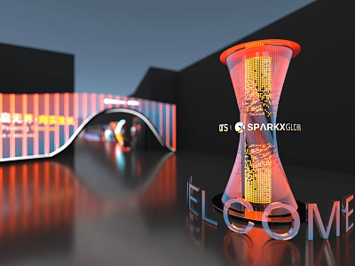 Modern Illuminated Sculpture Installation With Welcome Sign And Striped Building Background 3d model