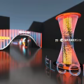Modern Illuminated Sculpture Installation With Welcome Sign And Striped Building Background