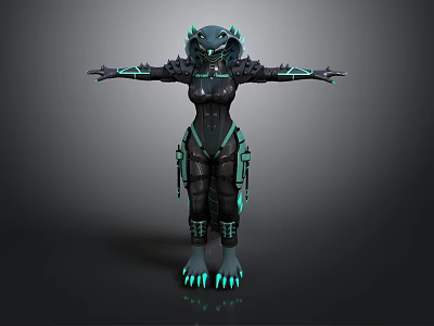 Futuristic Game Movie Character In Black Armor With Green Glowing Spikes And Claws 3d model