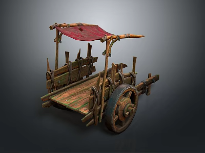 Vintage Ancient Wooden Cart With Red Canopy And Rustic Wheel Structure 3d model