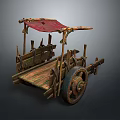 Vintage Ancient Wooden Cart With Red Canopy And Rustic Wheel Structure