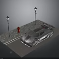 Silver Sports Car Parked On Brick Paved Road With Street Lamps And Red Fire Hydrant