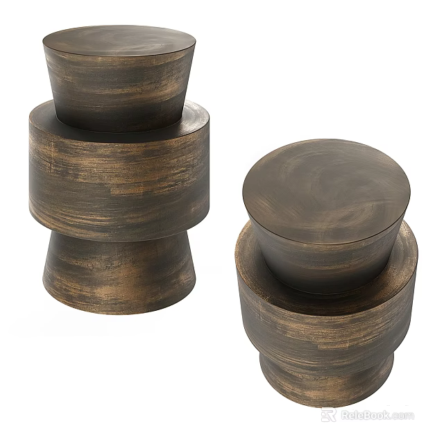 Set of Two Stacked Wooden Coffee Tables with Cylindrical Layers and Textured Surface 3d model 