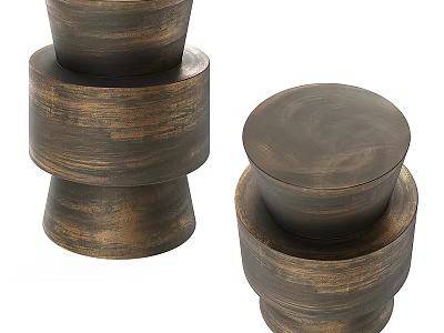 Set of Two Stacked Wooden Coffee Tables with Cylindrical Layers and Textured Surface 3d model