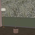 Floral Patterned Green And White Background Wall With Plants Floor Lamp And Herringbone Wooden Floor
