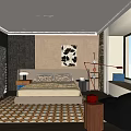 Modern Bedroom Interior Design With Neutral Bed Patterned Rug And Decorative Artwork 3d model