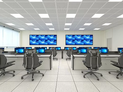 Modern Monitoring Room Setup With Multiple Workstations Computer Screens And Large Display Monitors 3d model