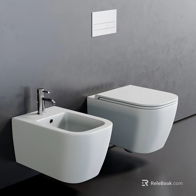 Modern White Wall Hung Toilet With Matching Washbasin And Chrome Faucet Against Gray Textured Wall 3d model 