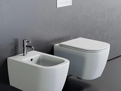 Modern White Wall Hung Toilet With Matching Washbasin And Chrome Faucet Against Gray Textured Wall 3d model
