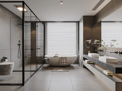 Modern Minimalist Bathroom With Glass Shower Bathtub Vanities And Blinds 3d model
