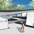 Modern Geometric Gate With Canopy And Trees Under Blue Sky With People Walking