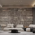 Modern Living and Dining Room Interior Design With Stone Wall Lighting Fireplace Sofa And Wooden Panels