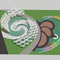 Scenic Park Landscape With Spiral Path Flower Beds Greenery And Circular Decorative Structures