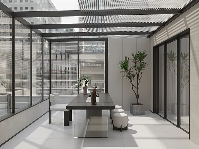 Modern Tea Room Interior With Open Design Glass Walls And Wooden Table Plants 3d model