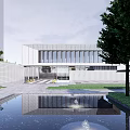 Modern Sales Office Building Design With Water Reflection And Trees 3d model