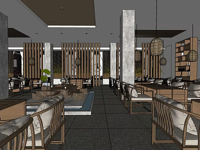Elegant Modern Tea House Interior With Wooden Partitions Hanging Lanterns And Water Feature 3d model