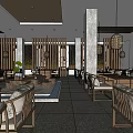 Elegant Modern Tea House Interior With Wooden Partitions Hanging Lanterns And Water Feature