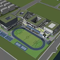 School Playground with Green Lawn Track and Modern Buildings Surrounded by Trees